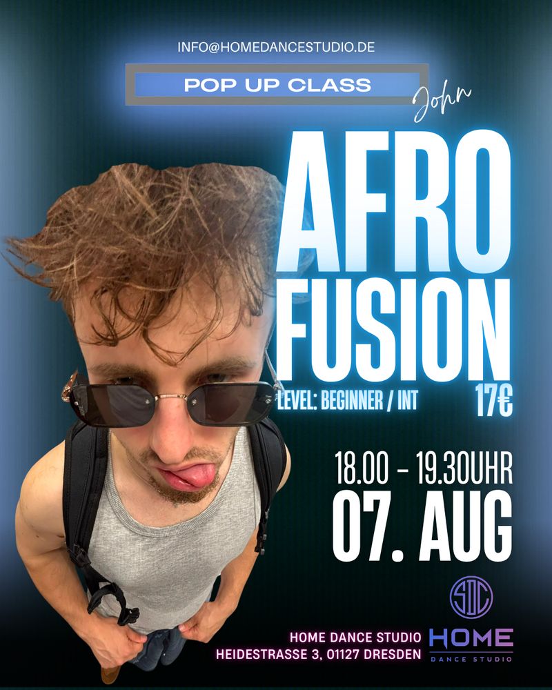 Ankündigungsplakat Afro Fusion Pop Up Class mit John am 7. August